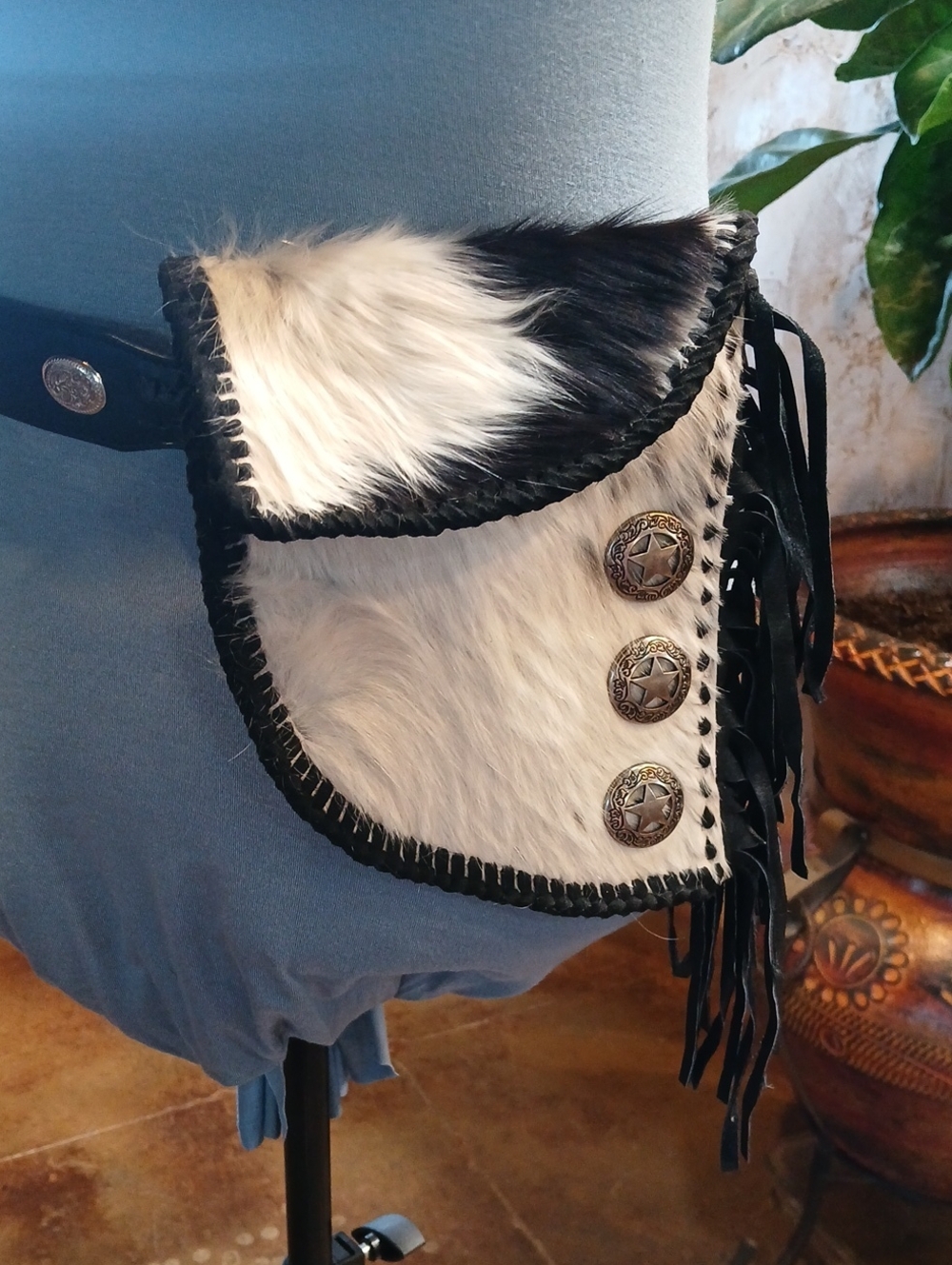 Fringe Real Cowhide Hip Bag with Concho Accents - Black & White handmade